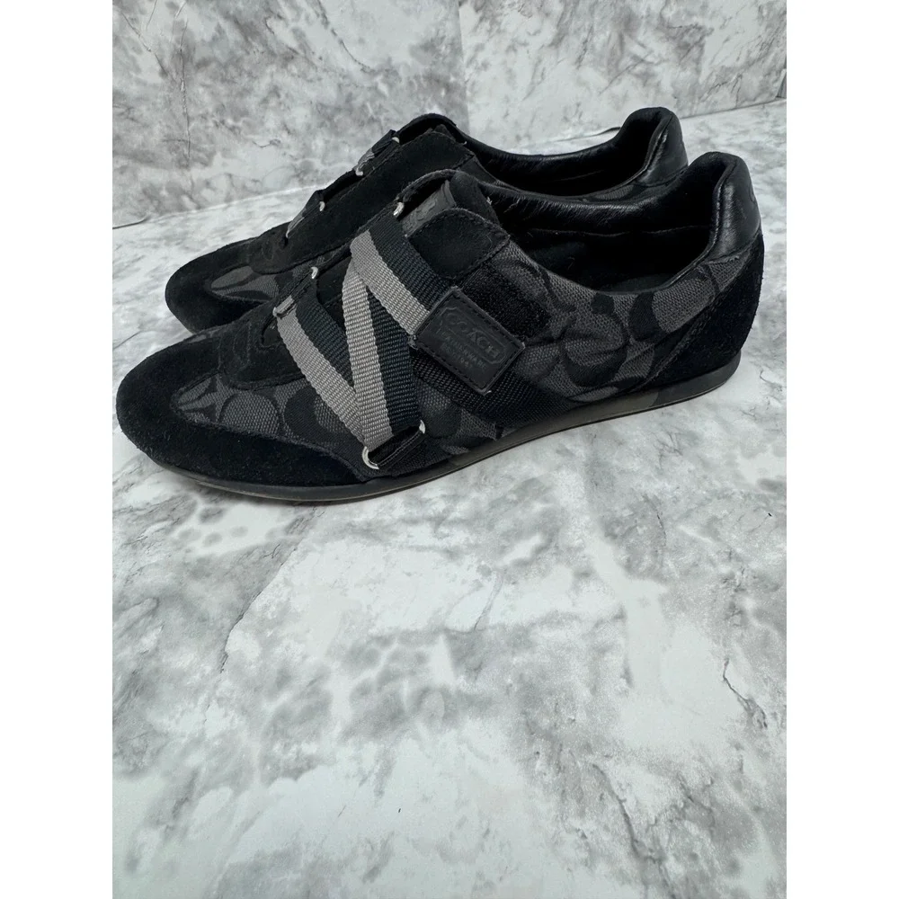 Coach Signature 🖤Jacquard Z-Strap Sneakers Black Grey Suede Trim Low Top Shoes - Picture 4 of 12